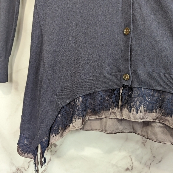 Logo by Lori Goldstein Cardigan Size Small V Neck Blue Chiffon Lace Trim Tunic - Picture 8 of 11